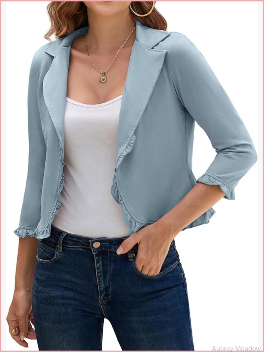 3/4 Sleeve Cropped Blazer Cardigan Open Front Stretch Cotton Jacket